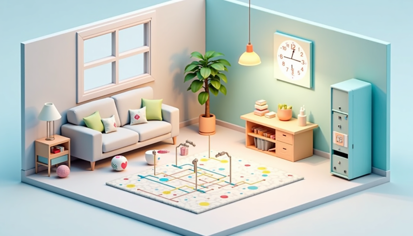 O imagine ilustrând o casă cu linii de electricitate și copii jucându-se, simbolizând importanța rețelei electrice