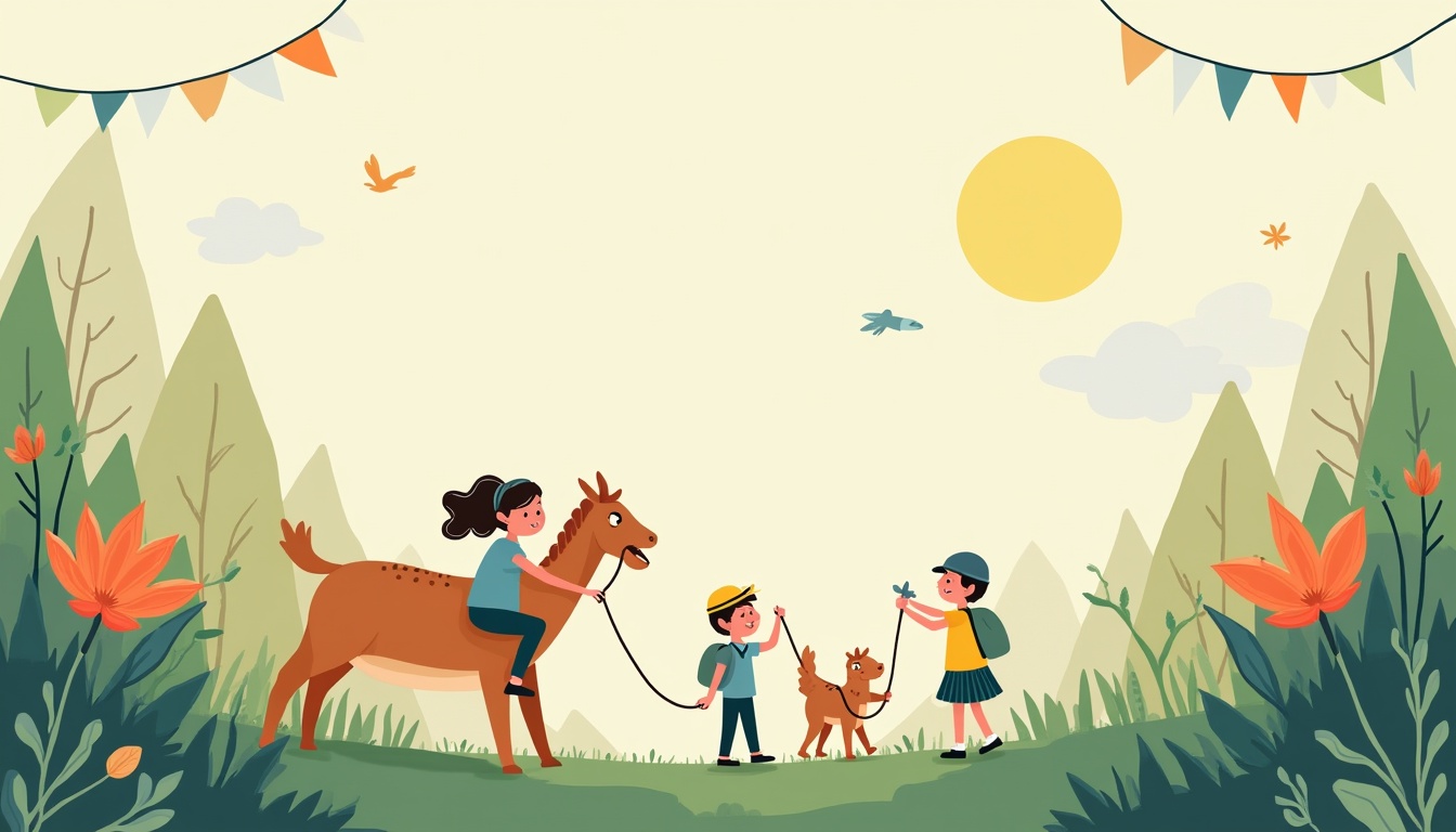 Un grup de copii zâmbitori se joacă și pictează, înconjurați de materiale creative colorate, ilustrând activități creative