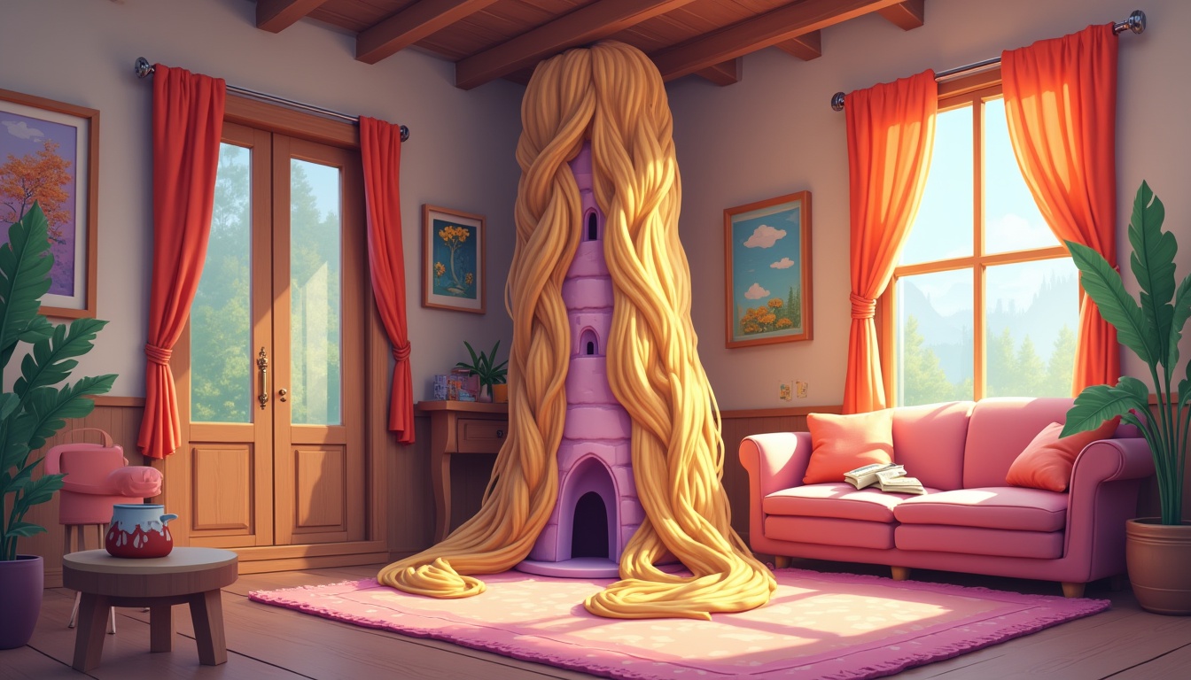 O siluetă a unei fete cu păr lung, Rapunzel, într-un turn, privind spre o pădure, simbolizând dorința de libertate