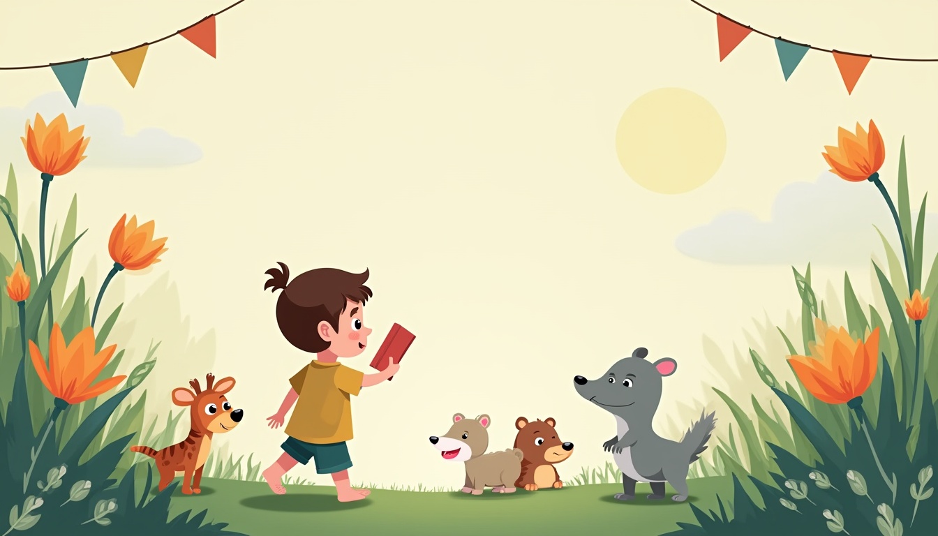 Un copil de 3 ani ascultând o poveste, cu o carte deschisă și elemente de poveste magică.
