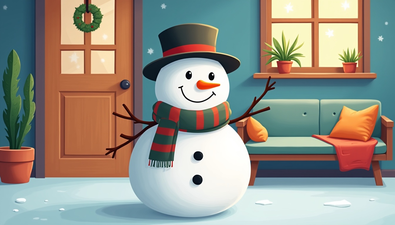 Părinte și copil construind un om de zăpadă zâmbitor într-un peisaj de iarnă, alegând accesorii