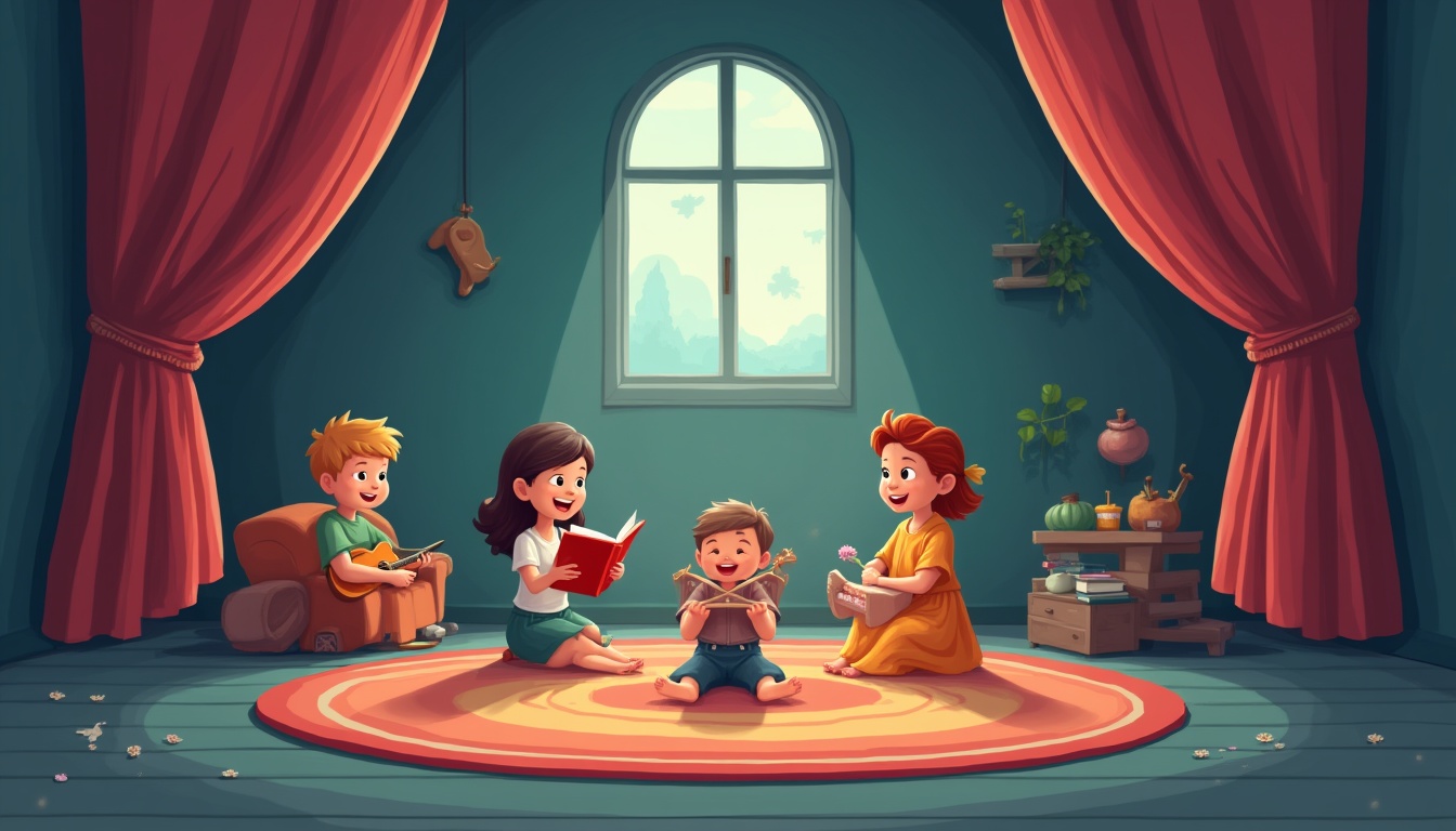 Copil zâmbitor ascultând povesti audio cu căști, într-un mediu confortabil