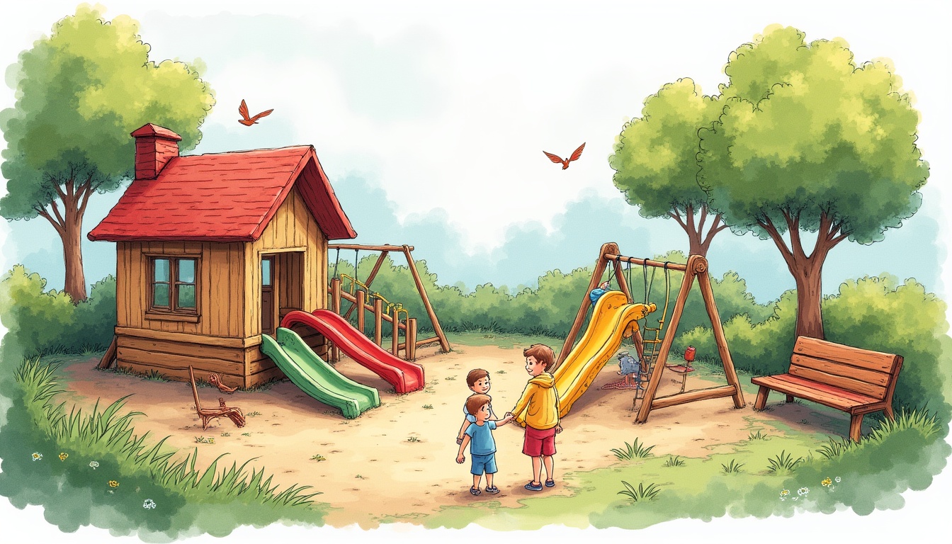 Copii jucându-se într-un parc modern, plin de verdeață și echipamente inovatoare în anul 2026.