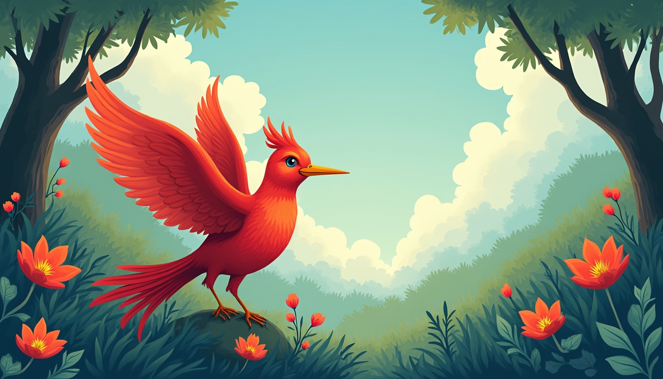 O reprezentare stilizată a Pasării Maiastre, strălucitoare și colorată, zburând deasupra unui copil care citește o carte