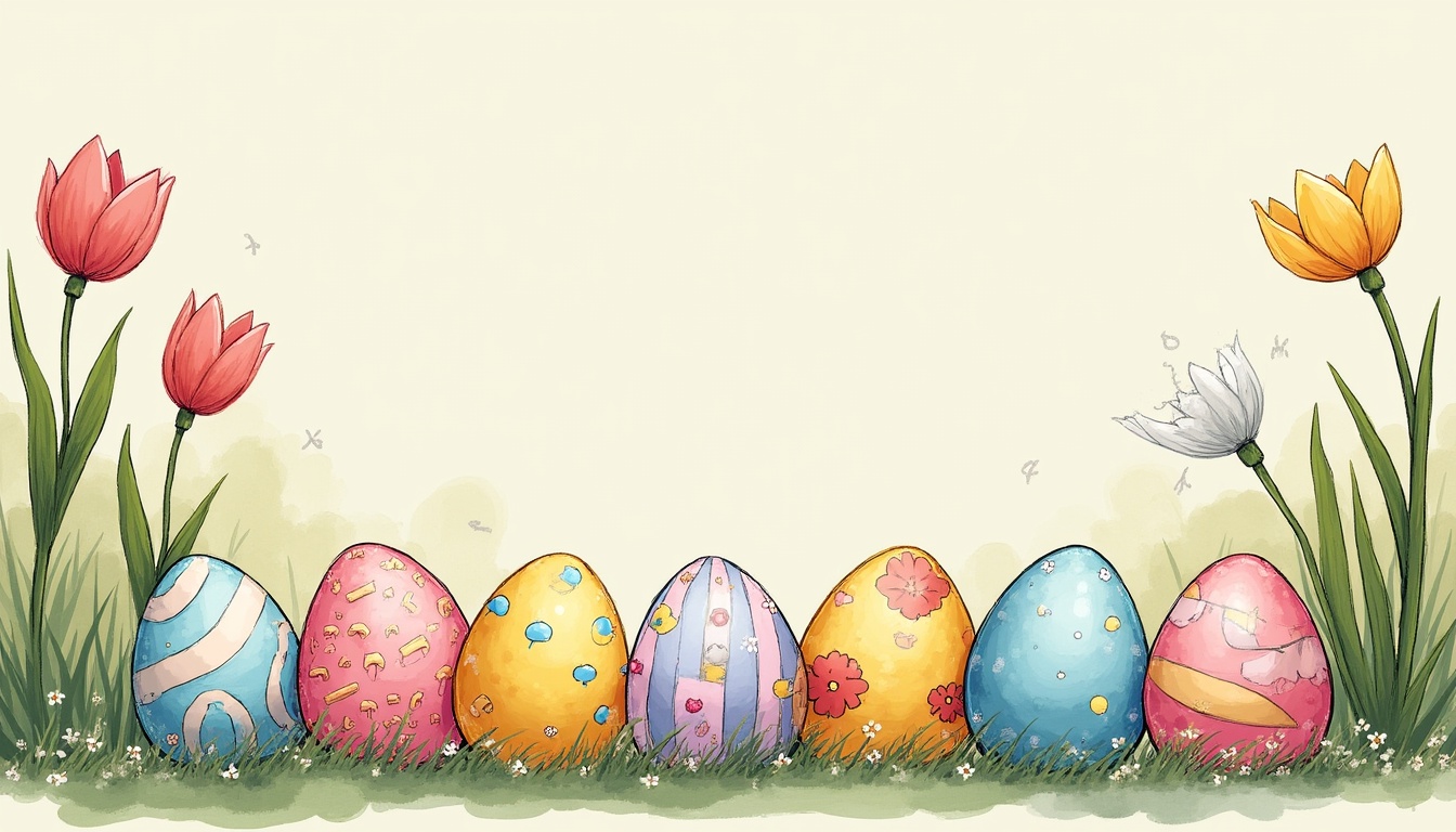 Familie zâmbitoare făcând poze de Paste fericit în 2026, cu ouă colorate și iepurași decorativi