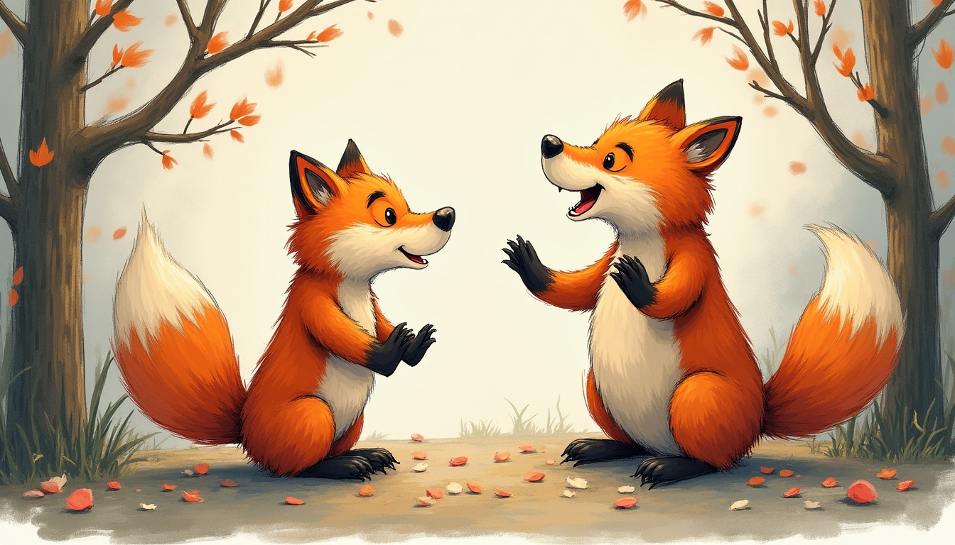 Ilustrație cu ursul și vulpea din povestea clasică, sub titlul Povestea Ursului Păcălit de Vulpe