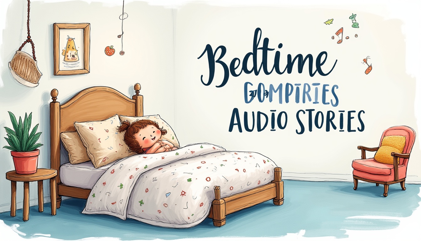Un copil ascultând povesti audio înainte de culcare, într-o cameră cu lumină slabă și o atmosferă liniștită.
