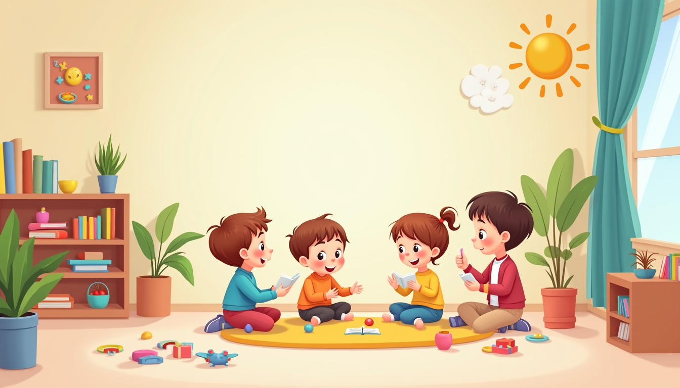 Copii ascultând povesti audio fericiți, cu căști pe urechi, într-un decor plin de imaginație