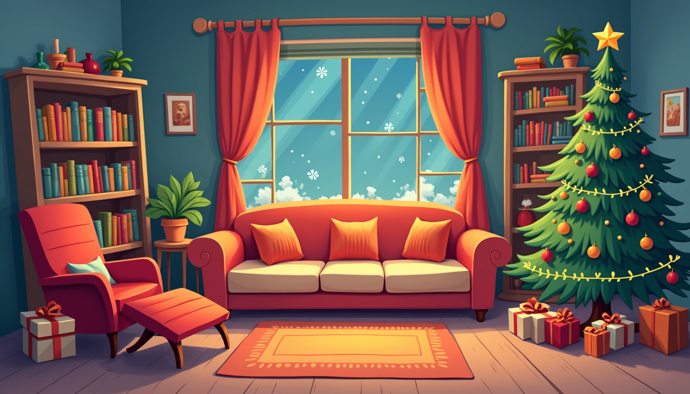 Copii zâmbitori citind povesti de Crăciun lângă un brad împodobit