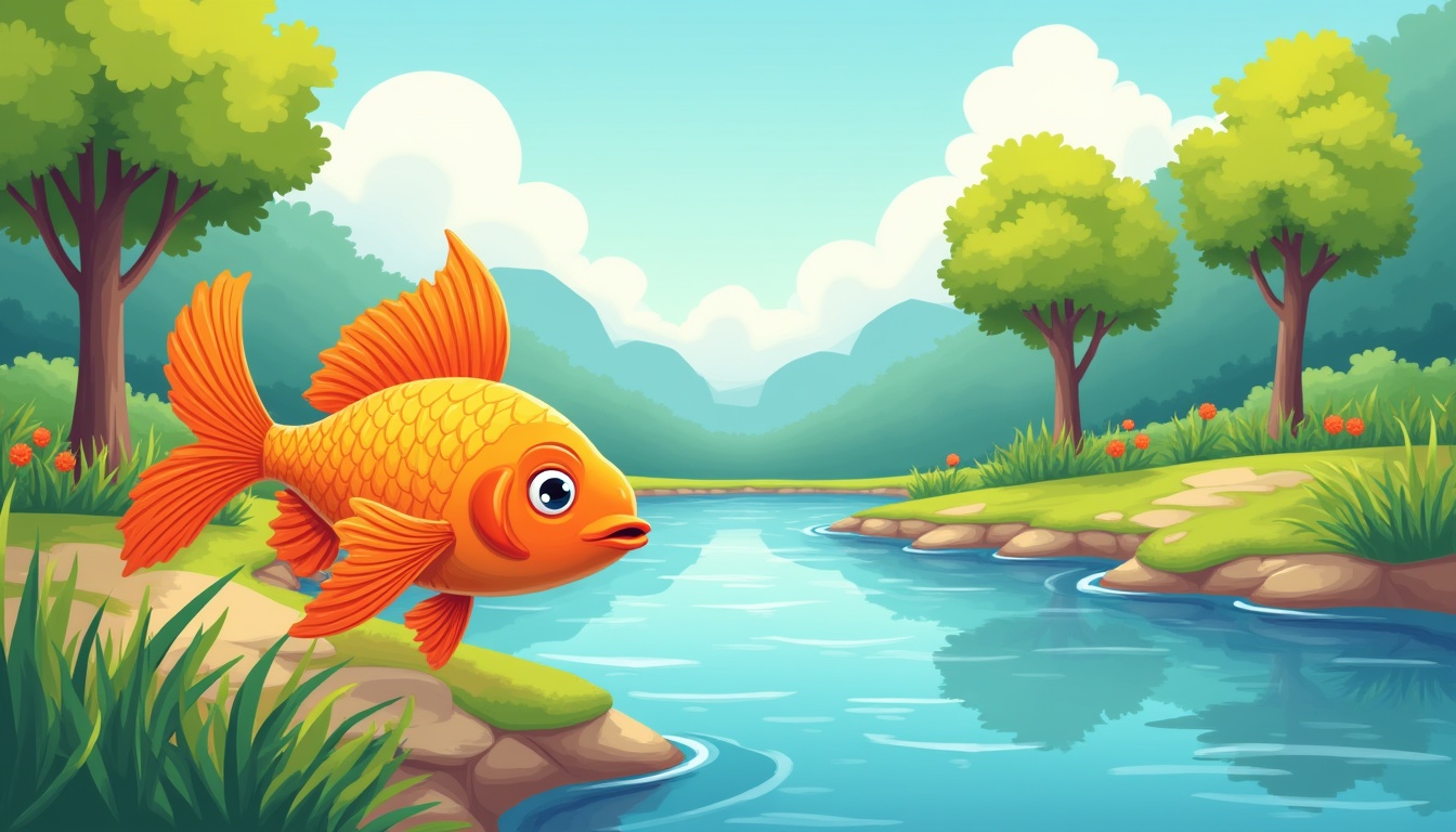 Un copil zâmbind, privind un peștișor de aur într-un acvariu curat, simbolizând bucuria și responsabilitatea față