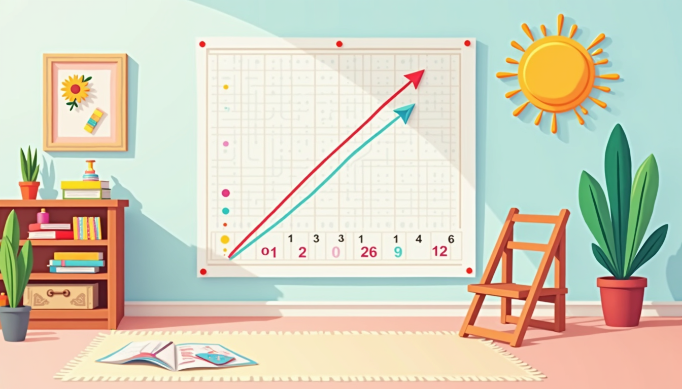 Un copil curios privind un tabel trigonometric stilizat, cu elemente de calcul și învățare, simbolizând viitorul matematic.